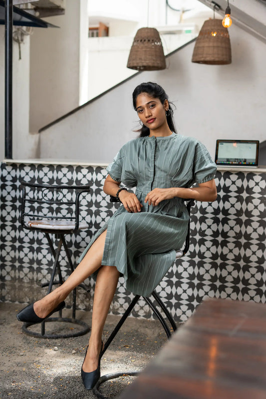 Olive Green Stripe Cotton Dress