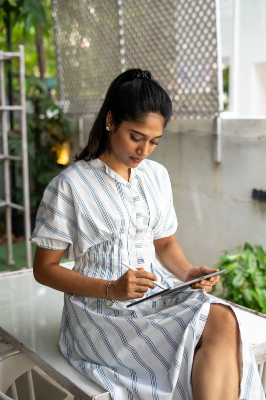 White with Blue Stripe Cotton Dress