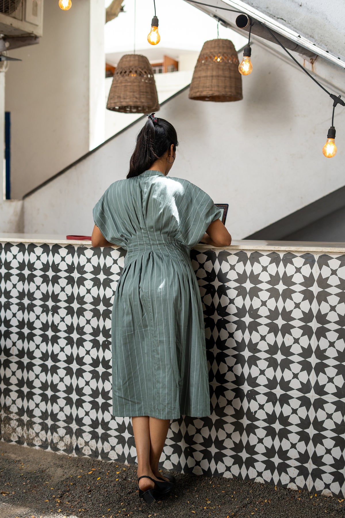 Olive Green Stripe Cotton Dress