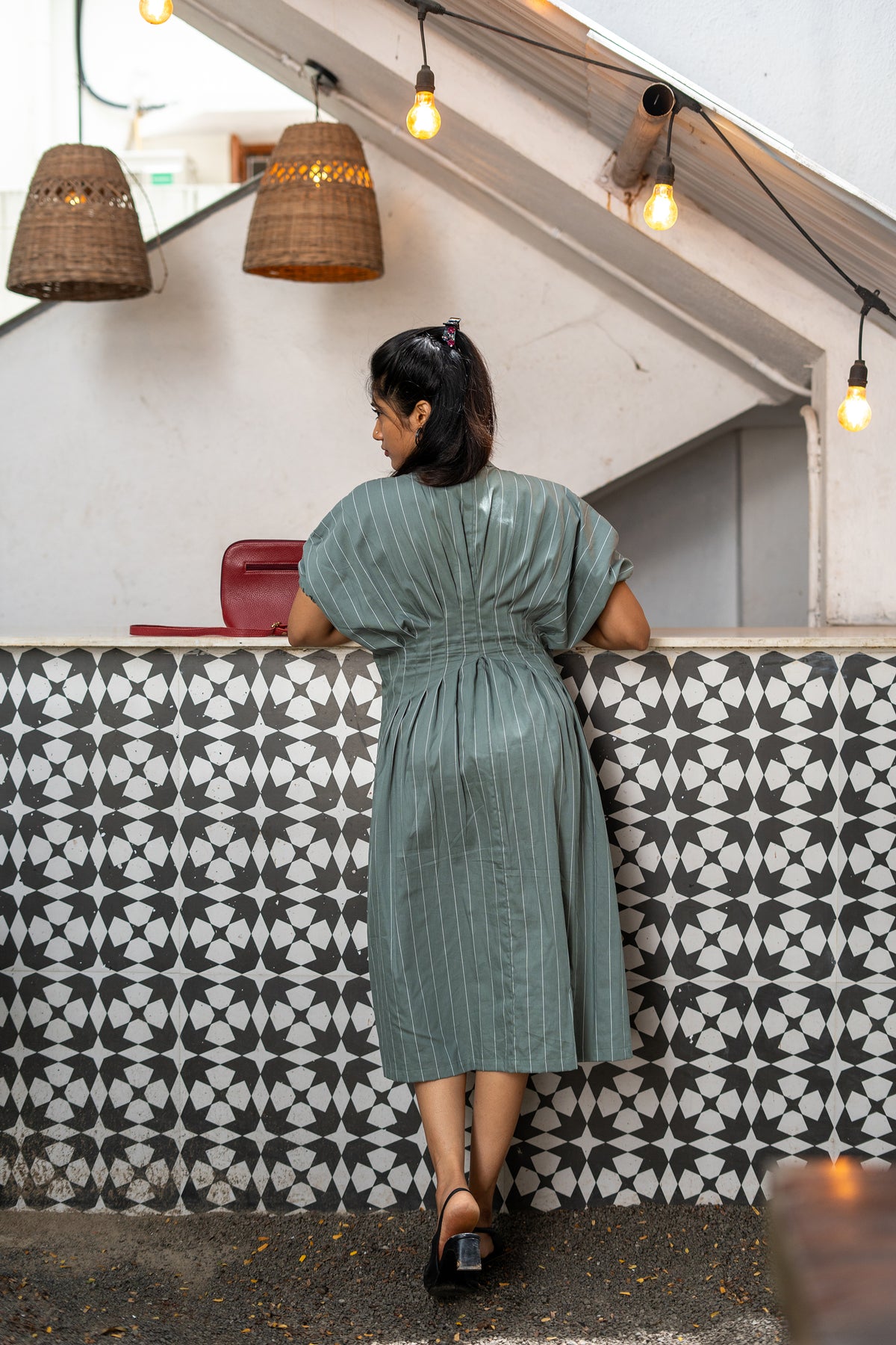 Olive Green Stripe Cotton Dress