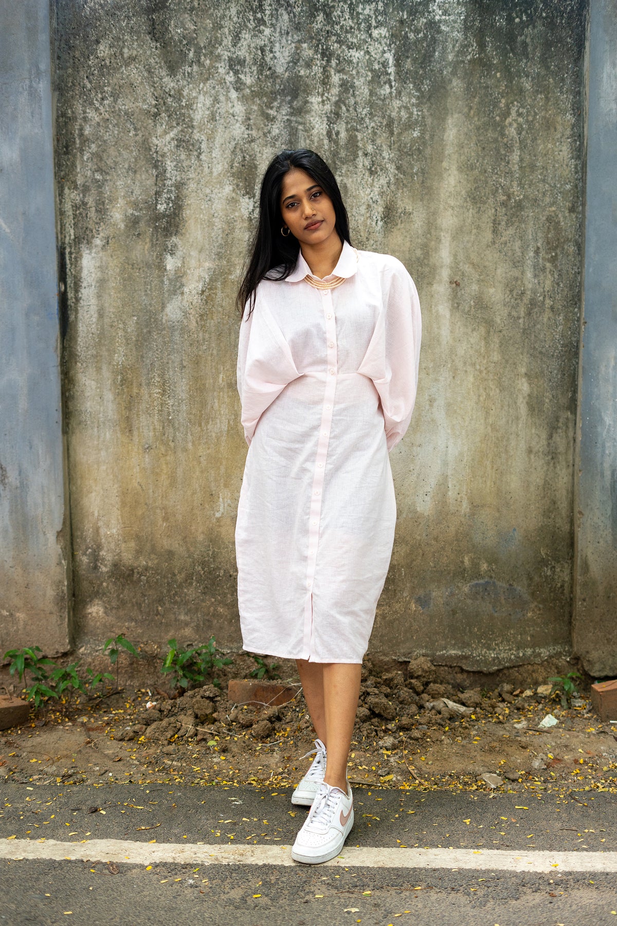 Pink Batwing cotton linen dress