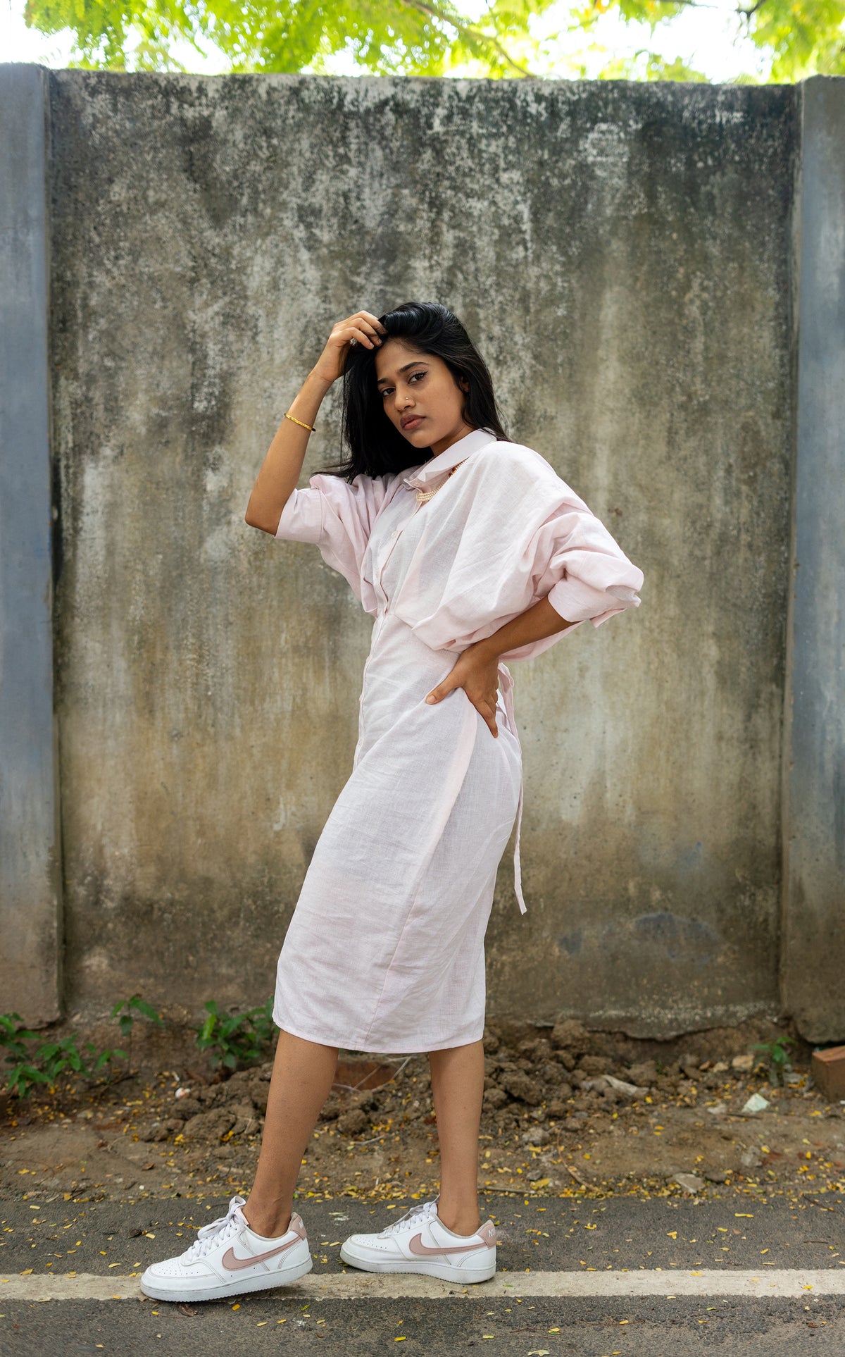 Pink Batwing cotton linen dress